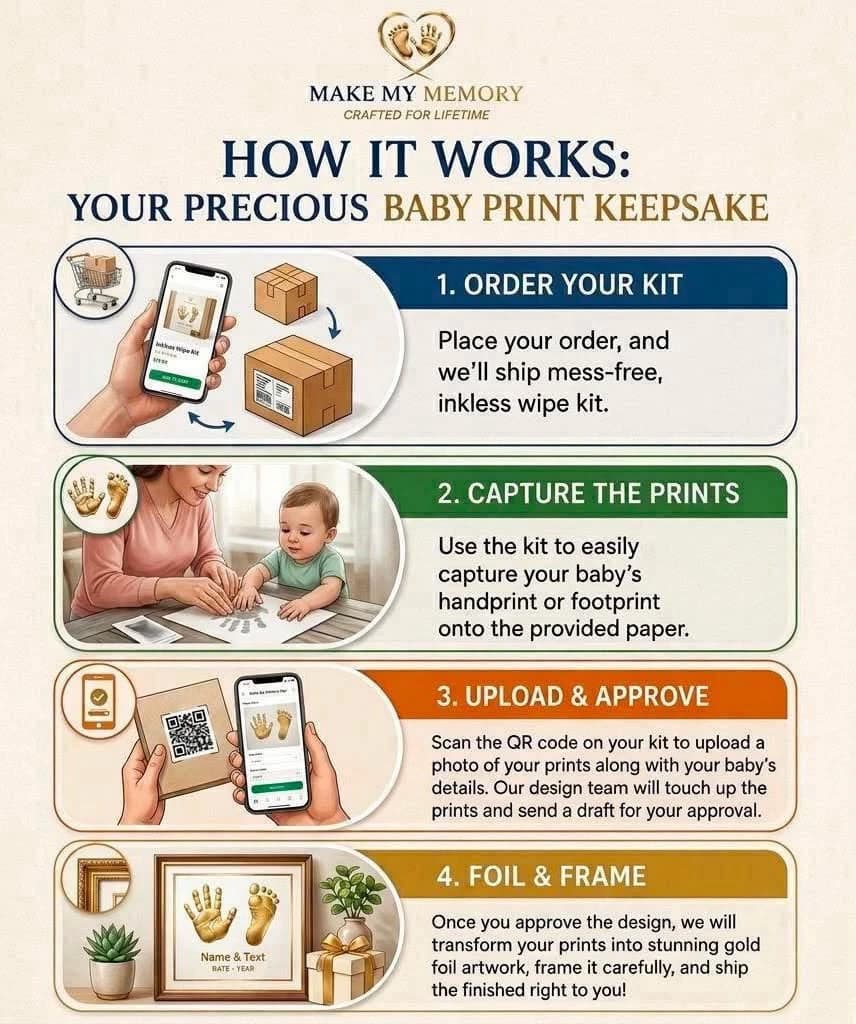 How it works: order your kit, capture the prints, upload and approve, then we foil and frame it.